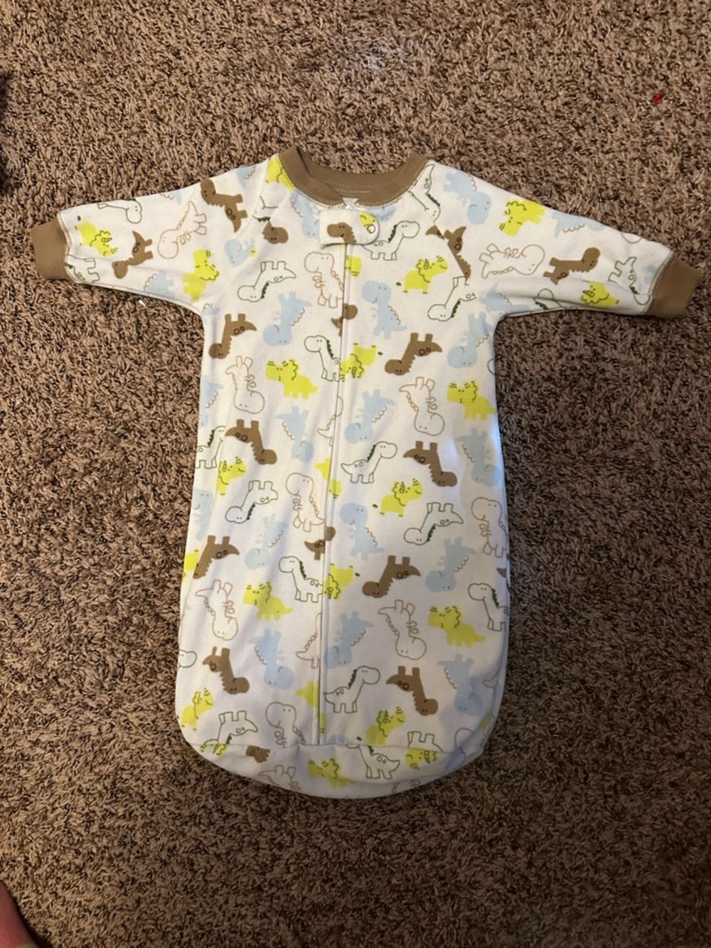 Baby Dino Sleep Sack Pajamas in White with Blue, Brown & Yellow Dino Print